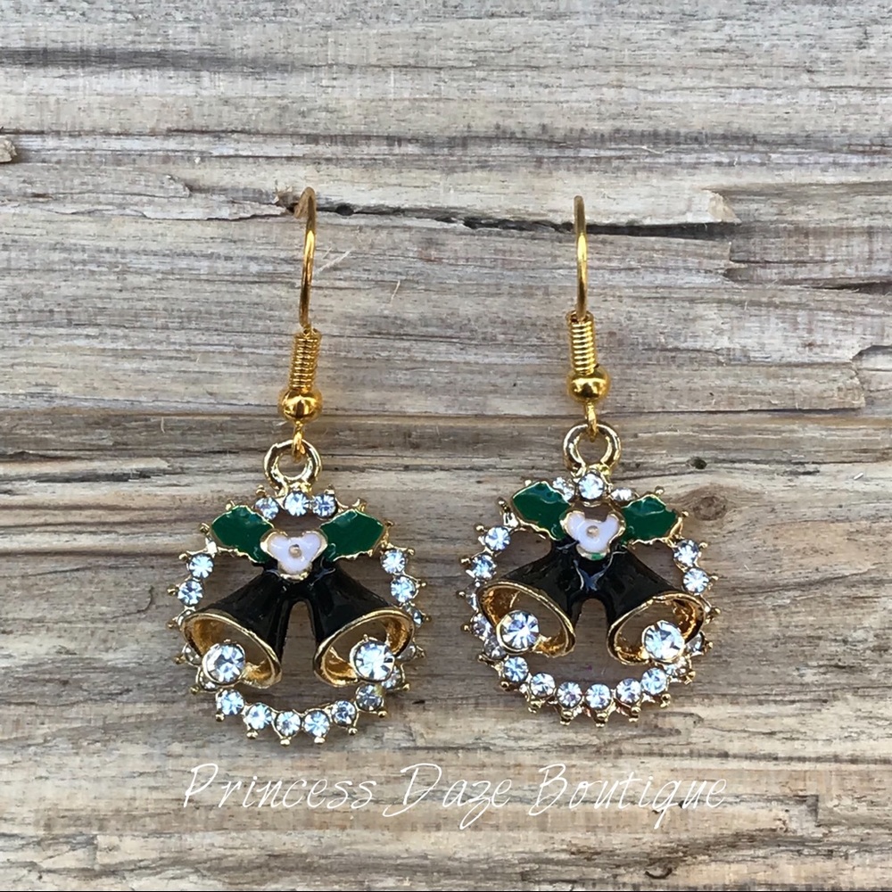 Gold Holiday Bell Wreath Dangle Earrings